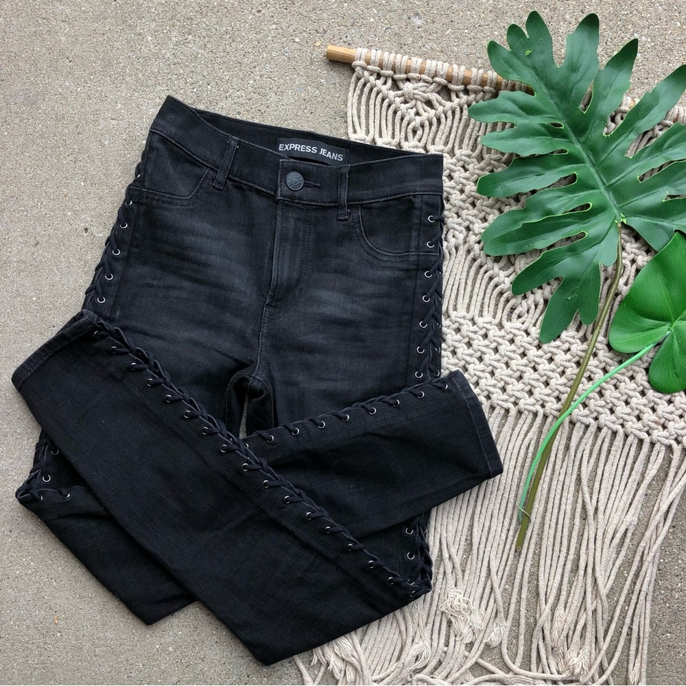 Express Ankle Legging High Rise Jeans Size 0 - Washed Black Lace-up Sides